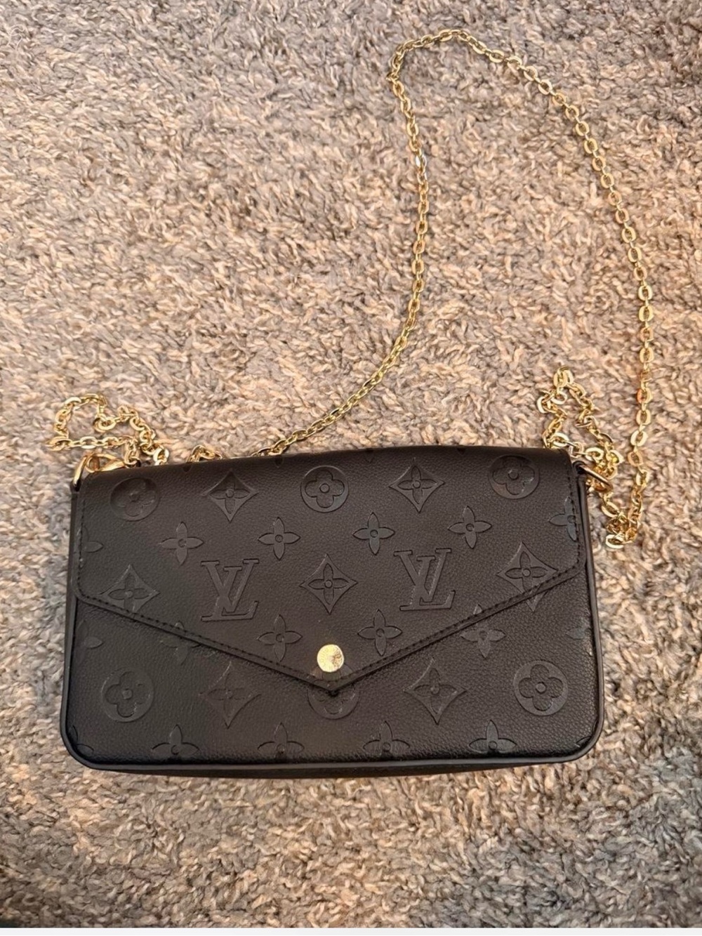 Black Embossed Monogram Envelope Crossbody with Gold Chain